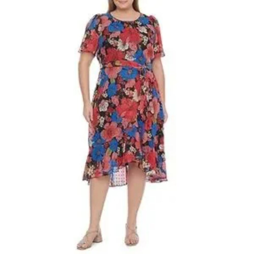 DANNY & NICOLE womens floral midi dress size 12 faux wrap reds Blues W-013